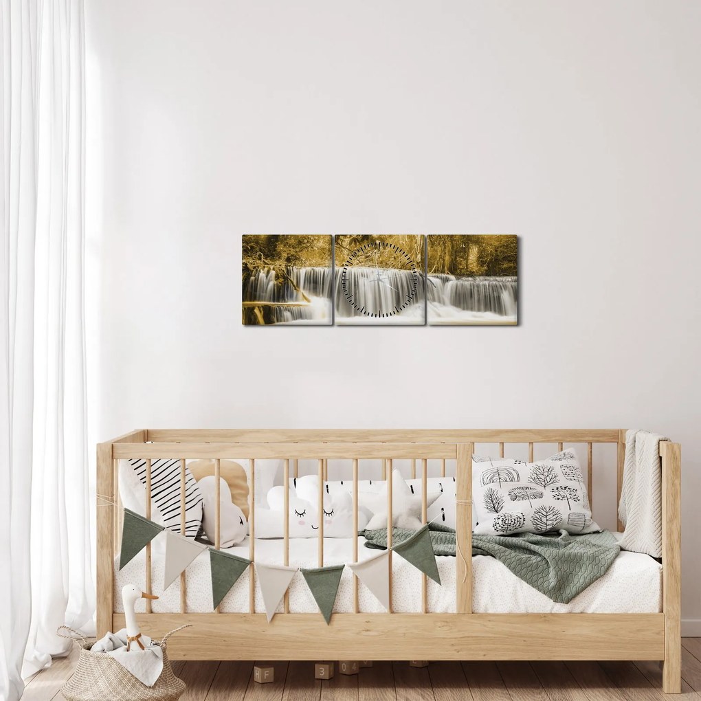 Obraz - Wodospad, vintage (z zegarem) (90x30 cm)