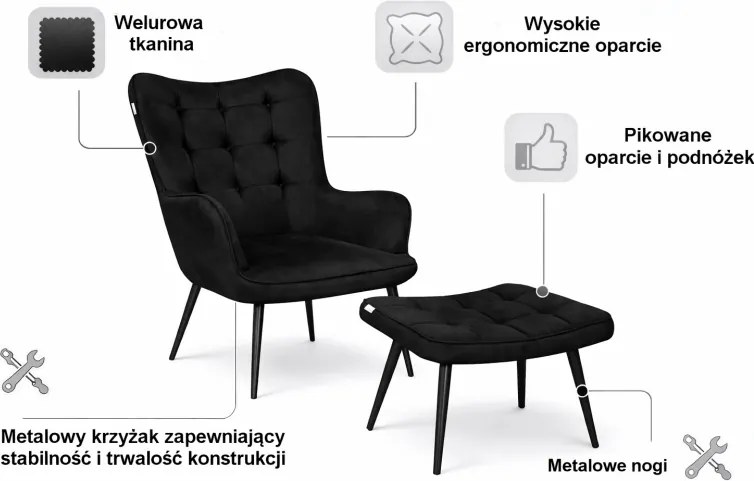 Fotel wypoczynkowy RELAX uszak z podnóżkiem : Kolor nogi - Czarna stożek, Kolor tkaniny - VELVET - MG19, Typ tkaniny - Velvet