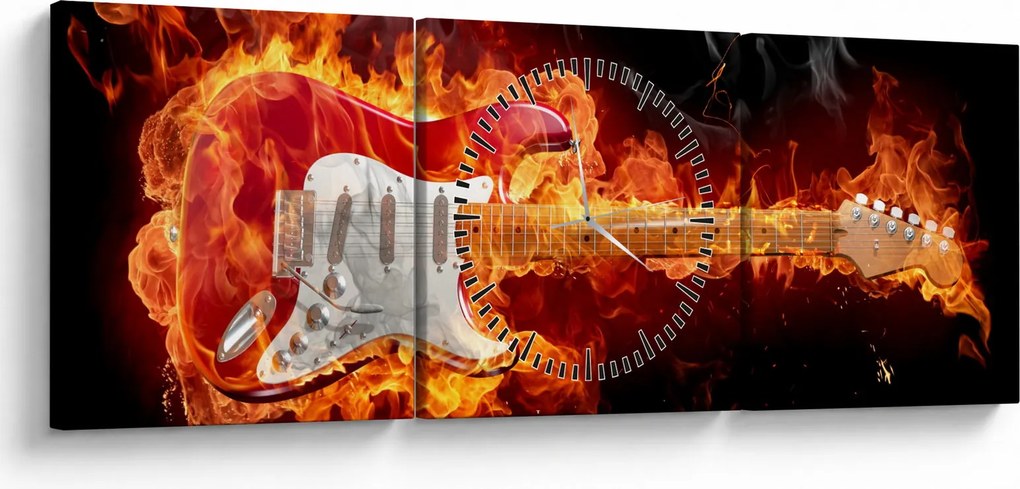 Obraz - Gitara w płomieniach (z zegarem) (90x30 cm)
