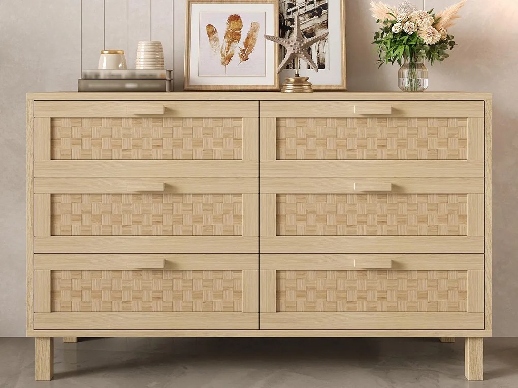 Buffet 120×40×75 cm - z 6 szufladami - wykończenie rattanowe - płyta wiórowa - naturalny