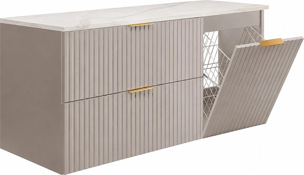 Zestaw mebli łazienkowych z koszem i blatem, złote uchwyty, kaszmir/marmur Bianco, 120 x 46 x 58,6 cm