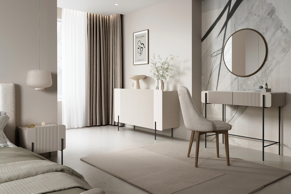 Komoda Malmi 150 cm trzydrzwiowa - kaszmir / crema bianca / czarne nóżki