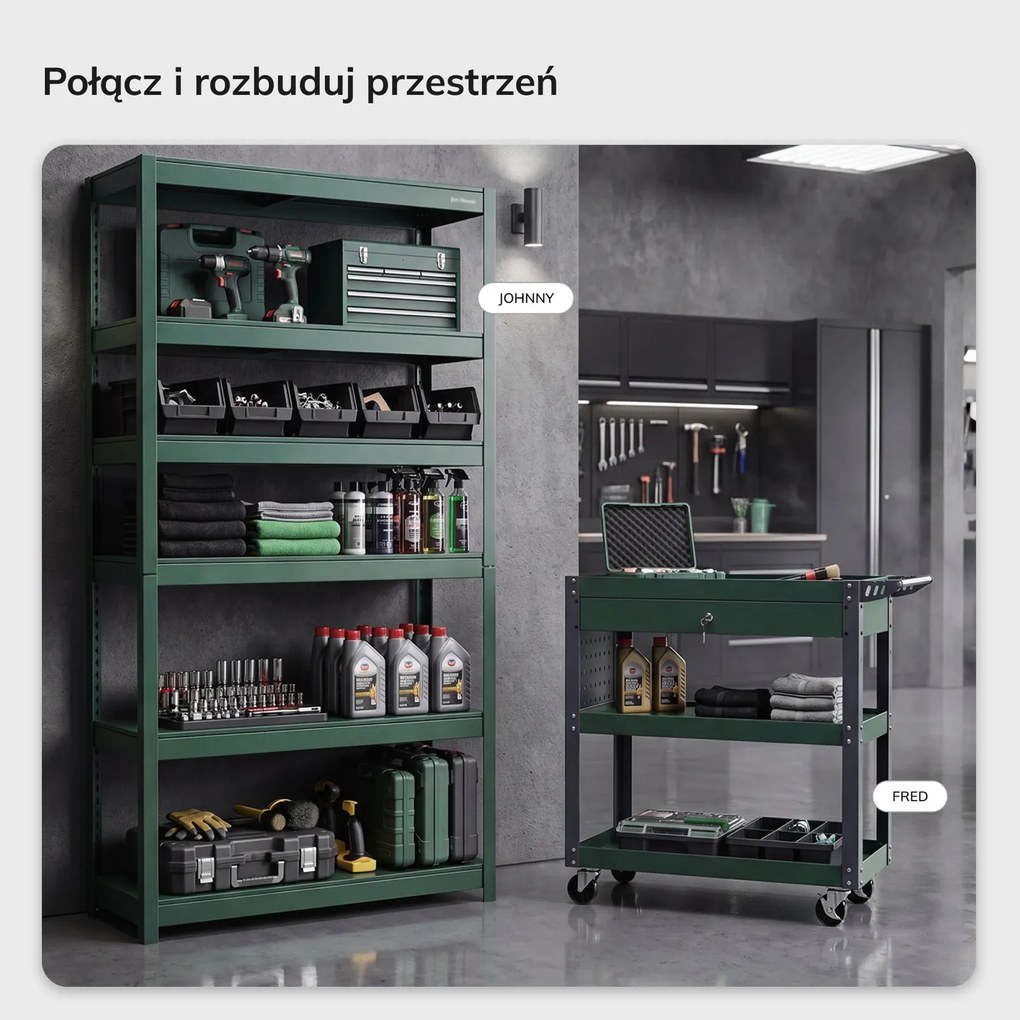 Wózek narzędziowy, warsztatowy na kółkach Fred z szufladą, kolor butelkowa zieleń