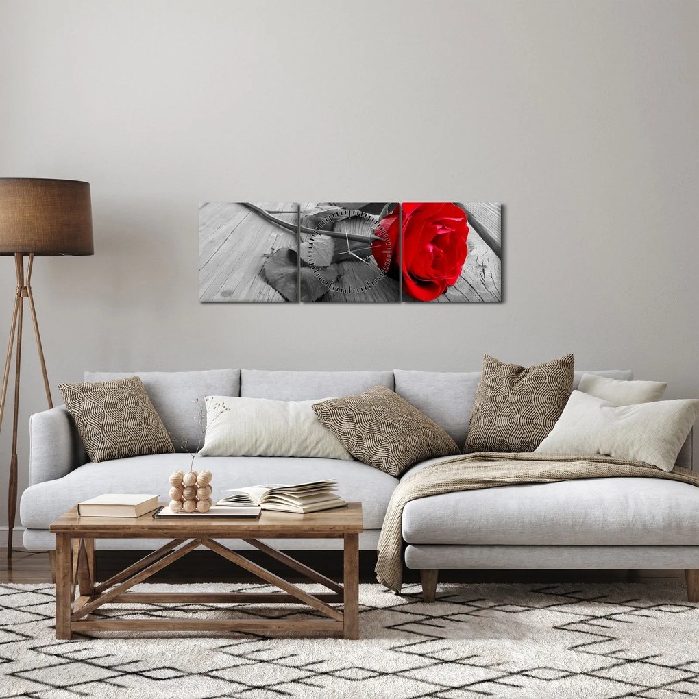 Obraz czerwonej róży (z zegarem) (90x30 cm)