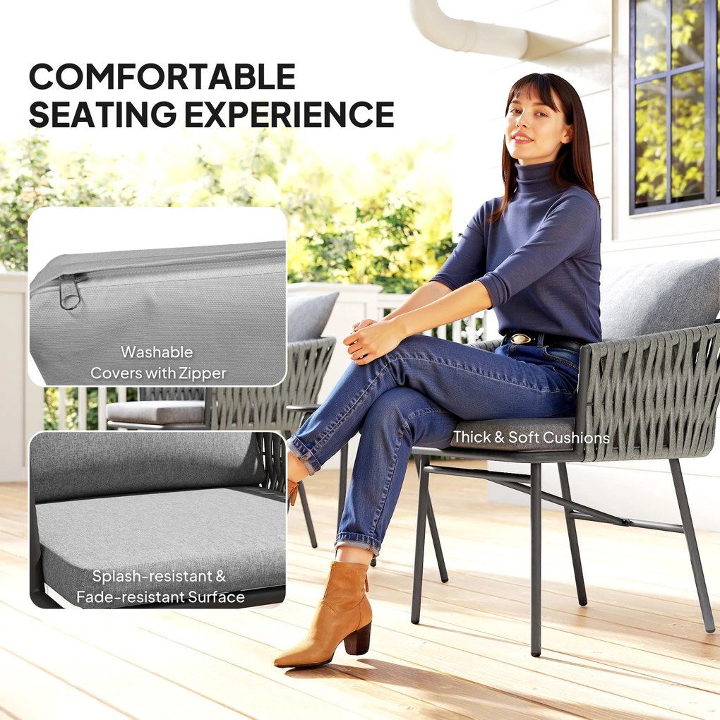 Outsunny 3-częściowy Zestaw Mebli Ogrodowych, 2 Krzesła, 1 Stół, Zestaw Bistro, Sztuczny Rattan, Rama Stalowa, Stół Metalowy, 4 Poduszki, Szary