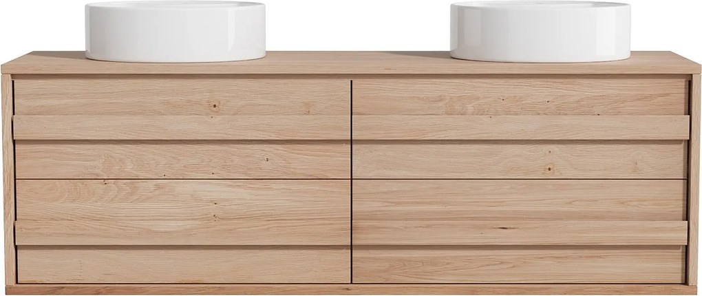 Szafka łazienkowa podwieszana  z litego dębu z okrągłą umywalką nablatową - Jasny naturalny - 150 cm - SARLO