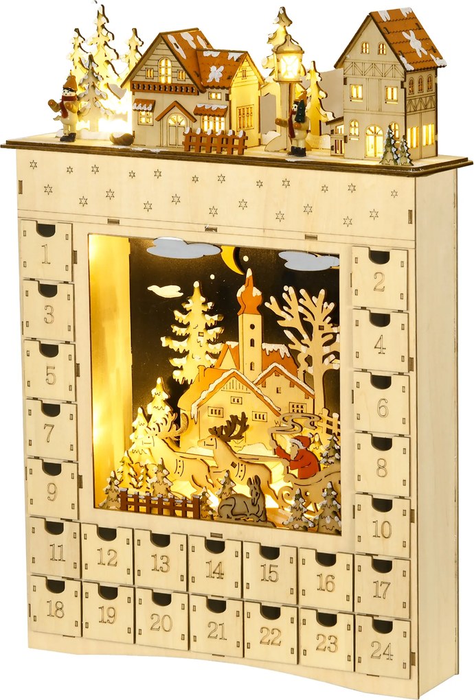 HOMCOM Kalendarz świąteczny do napełnienia, 24 szufladki z diodami LED, drewno naturalne, 36 x 9 x 52 cm | Aosom PL