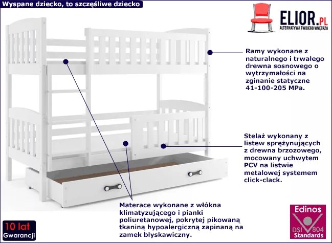 Białe piętrowe wspólne łóżko dla rodzeństwa z szufladą 90x200 M5-W65