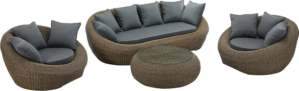 Zestaw mebli ogrodowych z technorattanu naturalny ciemny: kanapa, 2 fotele i stolik kawowy - WHITEHEAVEN marki MYLIA