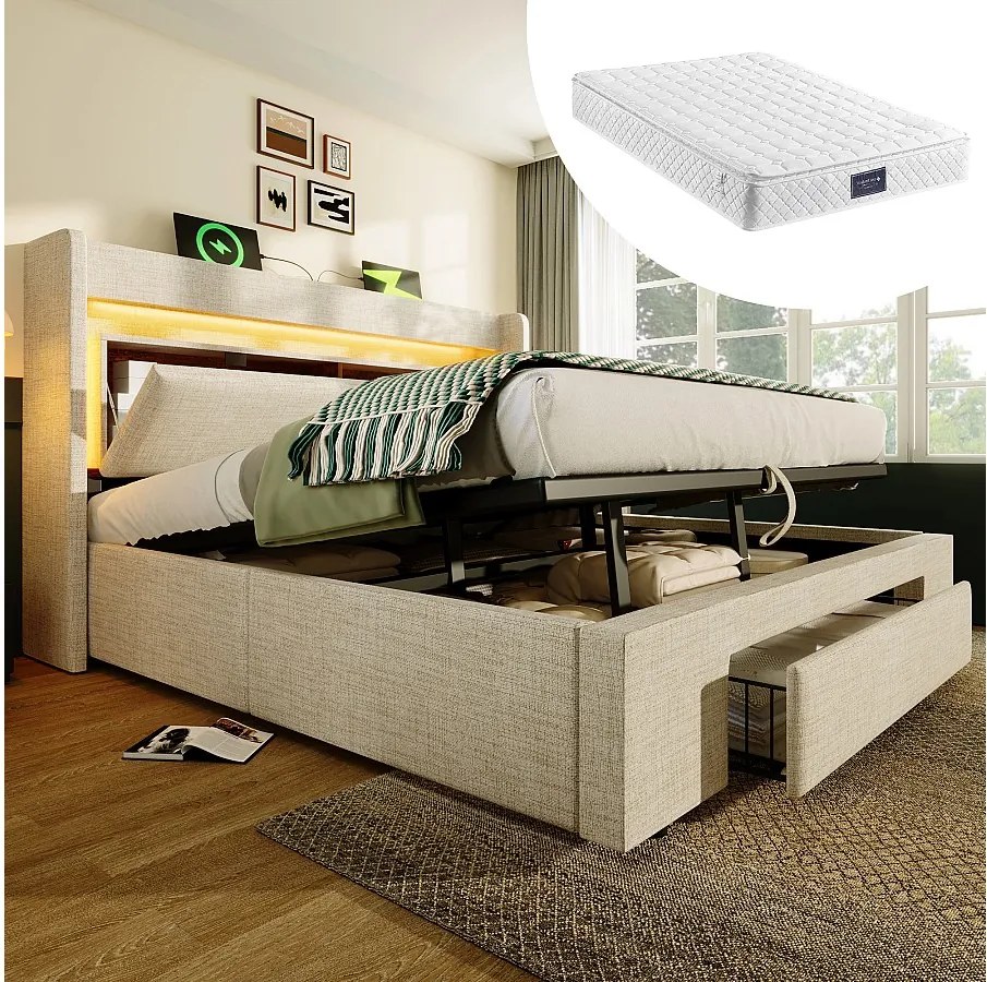 Łóżko tapicerowane hydrauliczne ze schowkiem - 140 x 200 cm - ze schowkiem na pościel w zagłówku + diody LED + USB + szuflada - pościel - beżowe (z materacem)