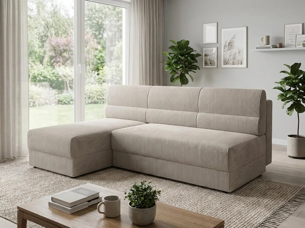 Rozkładana narożna sofa TAVERO SLIM 201x140 cm, jasnobeżowa, uniwersalna