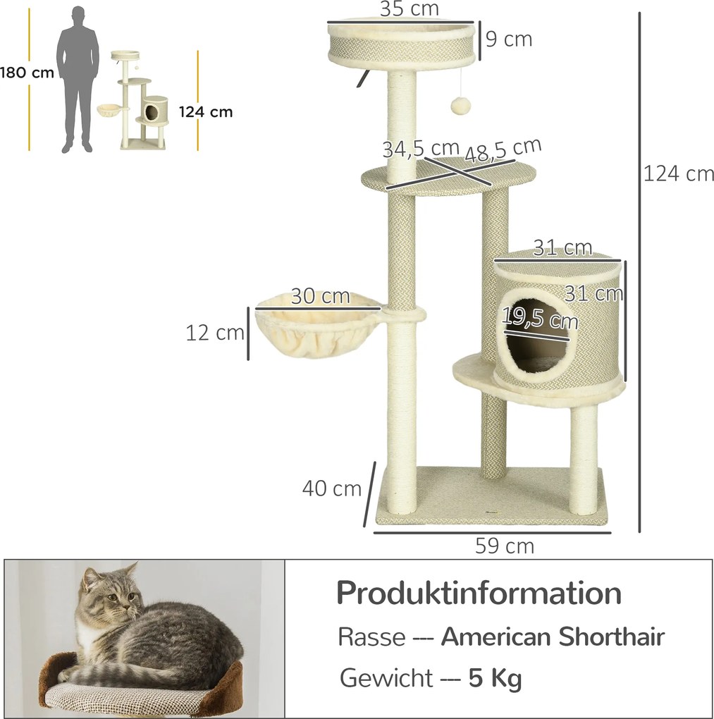 PawHut Drzewko dla kota z piłeczką do zabawy i drapakiem Przestrzeń do zabawy i odpoczynku Brązowy Beż Biały | Aosom PL