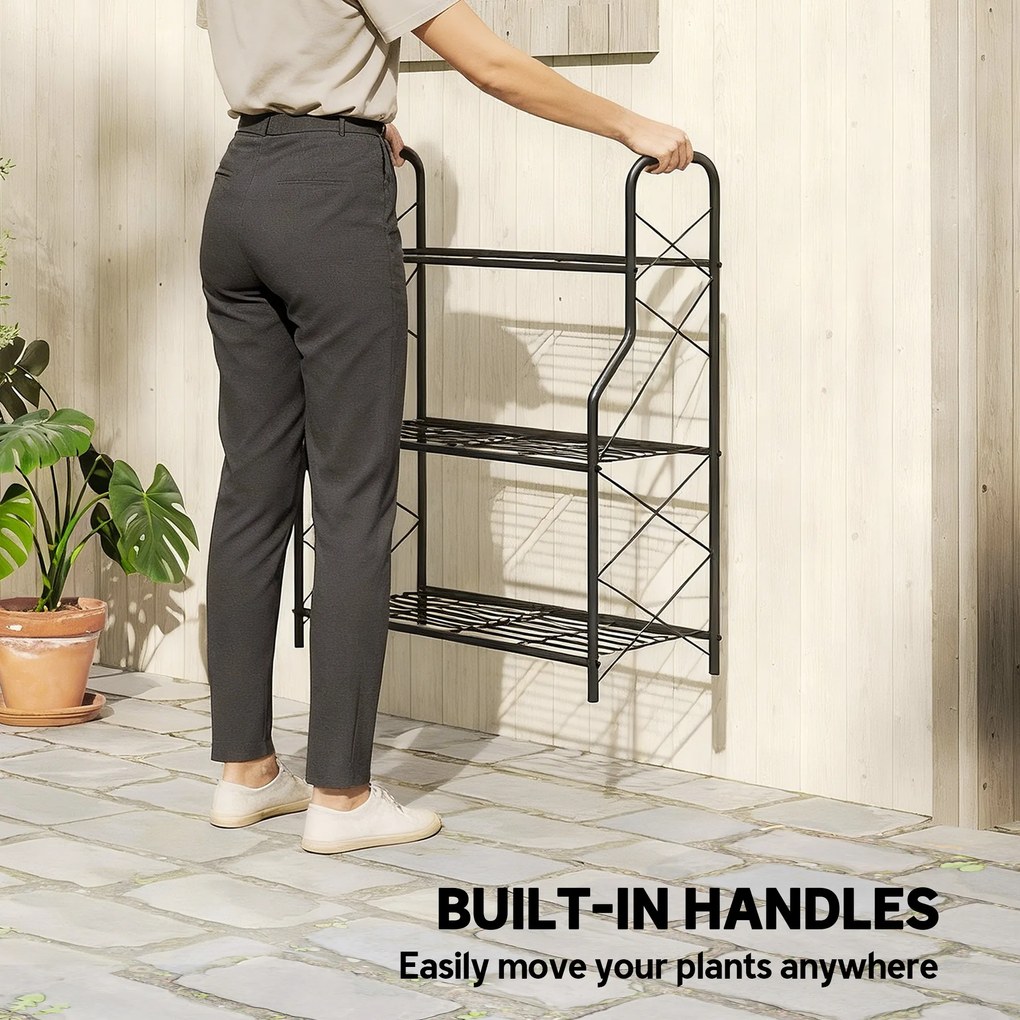 Outsunny 3-poziomowy stojak na rośliny, 78 cm wysoki stojak na kwiaty z uchwytami, metalowy regał na rośliny, czarny | Aosom PL