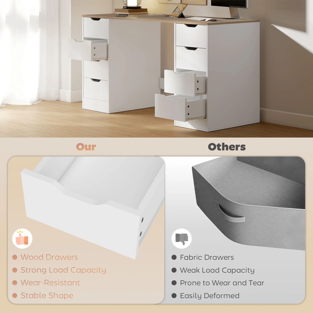 HOMCOM Biurko komputerowe 140 cm z 8 szufladami — białe, nowoczesne