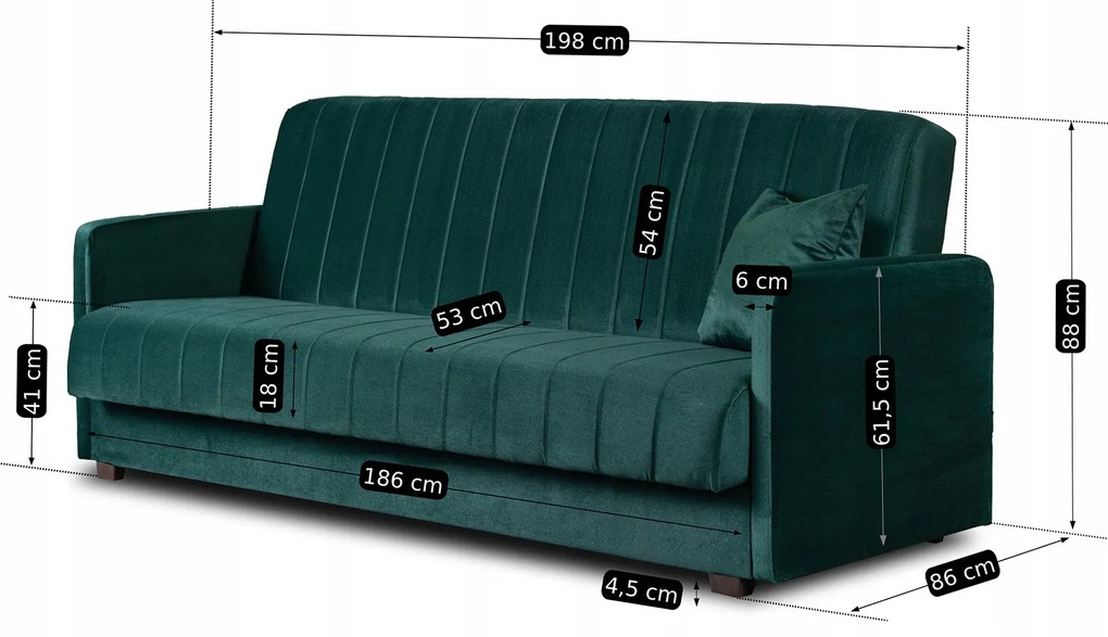 Sofa z Funkcją Spania PORTO Wersalka Rozkładana Dwuosobowa Zielona Nowoczesna do Salonu