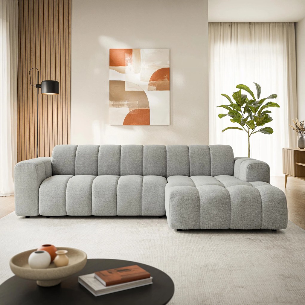 Masseno Narożnik SETIA Prawostronny L-Kształtny, Nowoczesna Sofa narożna, Tkanina Strukturalna - Jasnoszary, ARAGON 83