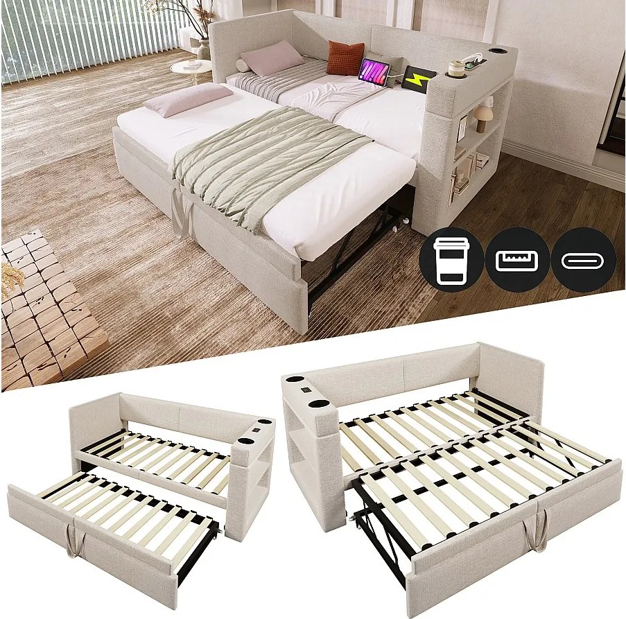Łóżko dzienne - 90 x 200 cm + 90 x 190 cm - z wysuwanym łóżkiem - podłokietniki z USB + schowek - drewno + bawełna + metal - beż