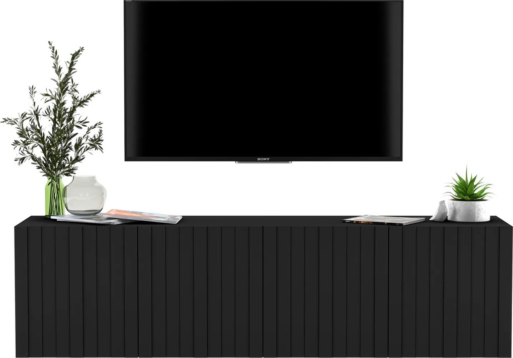Wisząca szafka pod telewizor ryflowana Elpis czarna