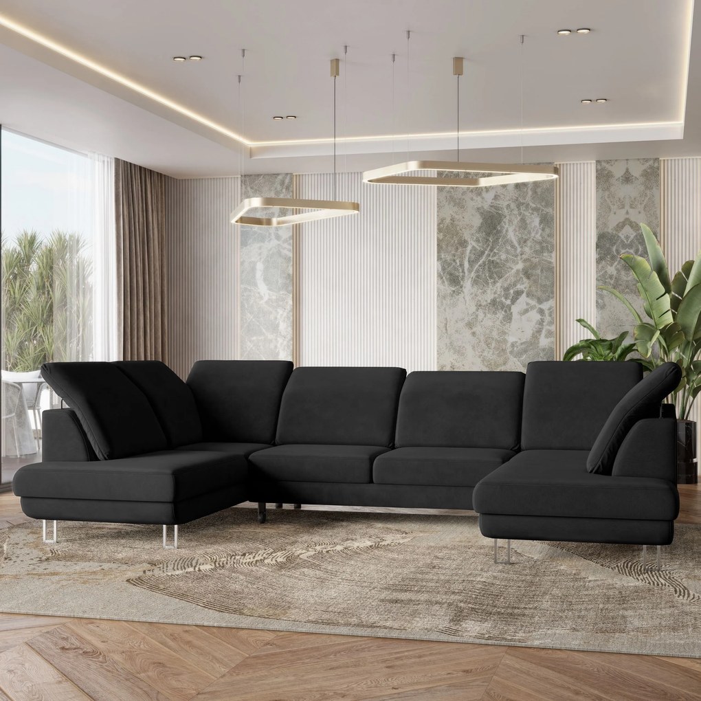 Masseno Narożnik TERAMO z funkcją spania i pojemnikiem na pościel Narozniki U, Rozkładana sofa - Czarny, MONOLITH 95