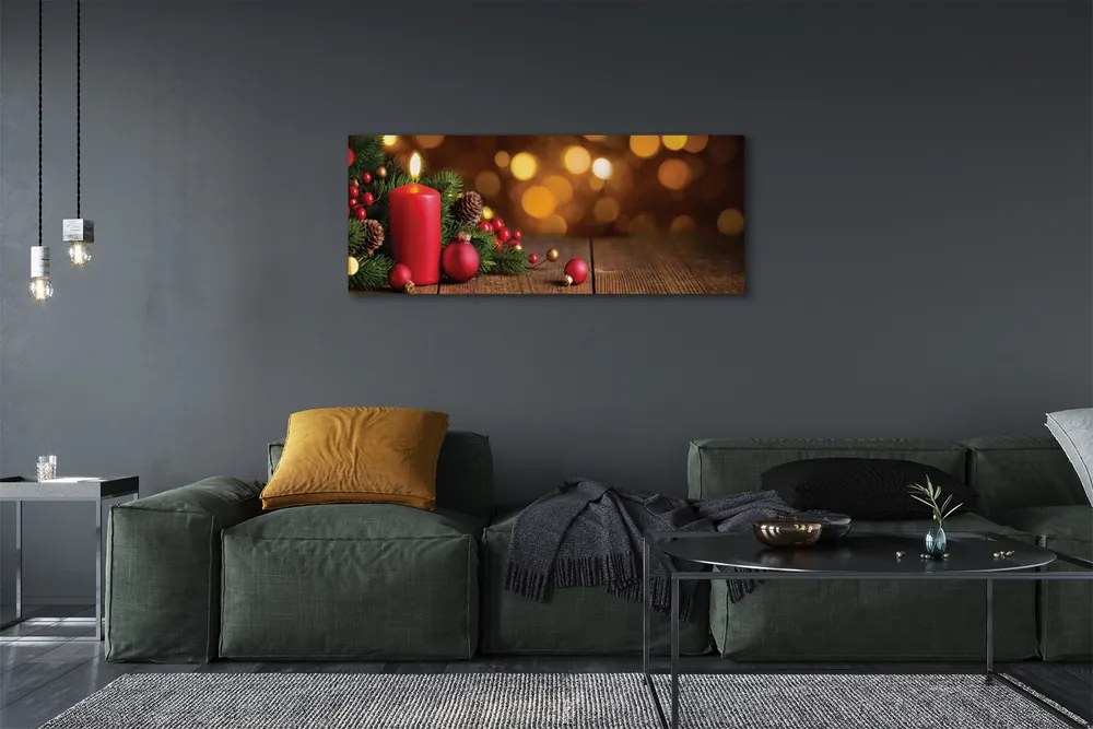 Obraz na płótnie Świeca, Gałązki i Bombki na Desce