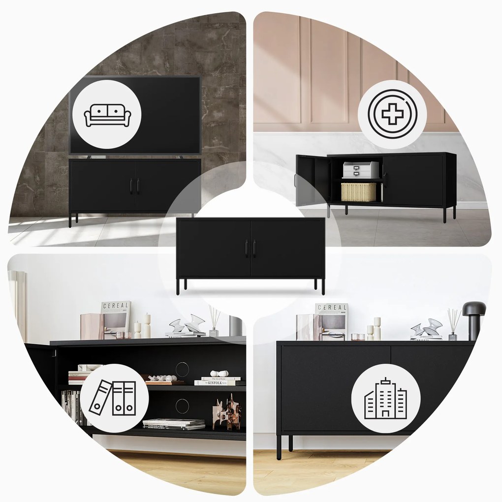 Szafka RTV metalowa na nóżkach czarna, 1150x595x400 mm: ROSA Modern