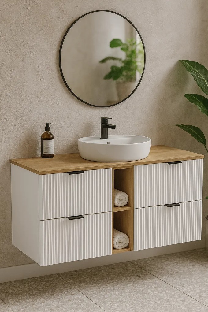 Ryflowana Szafka Biały Łazienkowa Z Szufladami + Orzech R0-A39