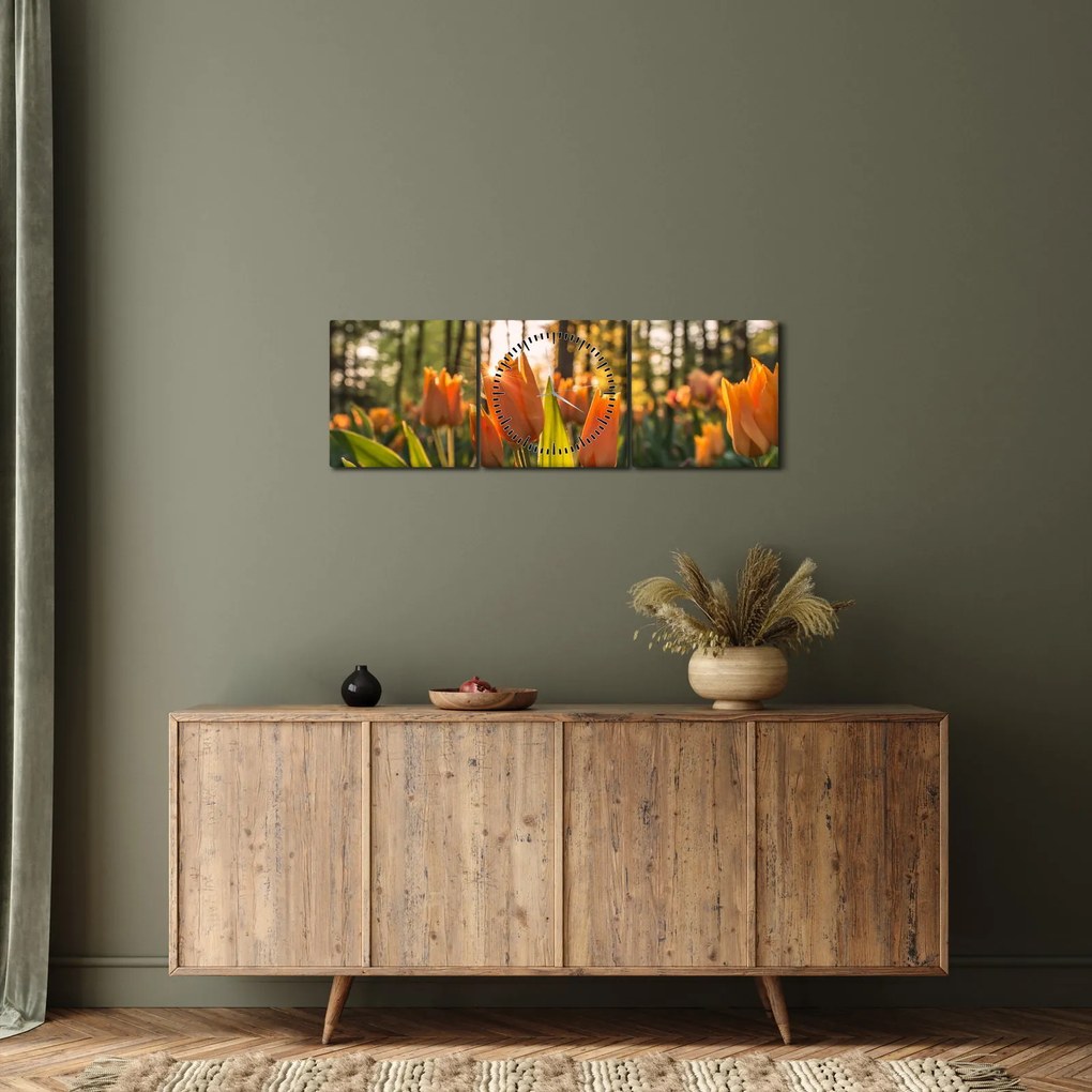 Obraz - kwiaty tulipanów (z zegarem) (90x30 cm)