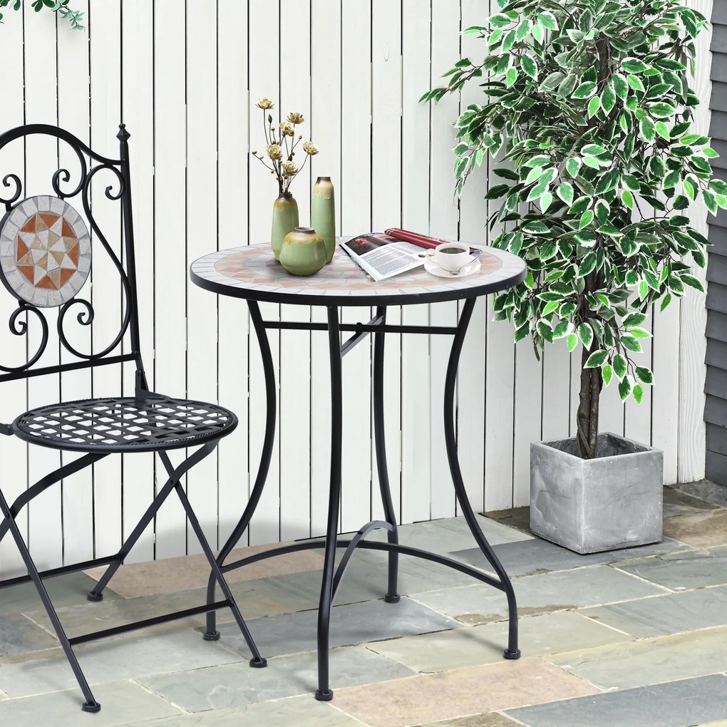 Outsunny Stolik Ogrodowy Balkonowy Mozaikowy Okrągły Stal i Ceramika Pomarańczowy Biały 60x71cm | Aosom PL