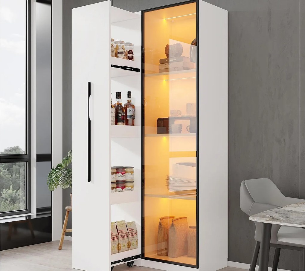 Witryna 70×40×160 cm - z drzwiami ze szkła hartowanego - 1 drzwi i 1 szuflada boczna - z oświetleniem LED - biała