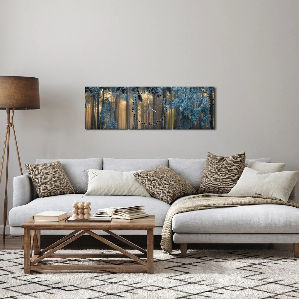 Obraz zaśnieżonego lasu (z zegarem) (90x30 cm)