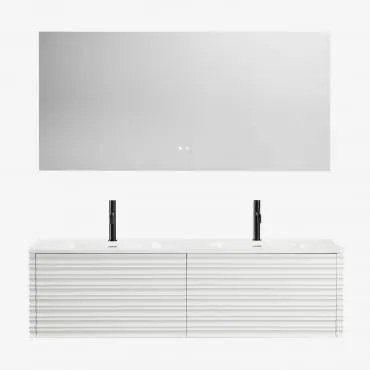 Zestaw Drewnianych Mebli Łazienkowych Noura Ze Zintegrowanymi Umywalkami Biała & Prostokątny Led I Przeciwmgielny 160x75 Cm Jorvi & - Sklum