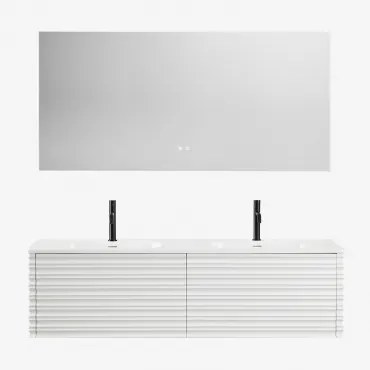 Zestaw Wiszących Mebli Łazienkowych 160x50 Cm Z Drewna Z Wbudowanymi Umywalkami Noura Biała & Prostokątny Led I Przeciwmgielny 160x75 Cm Riben & 2 Szt