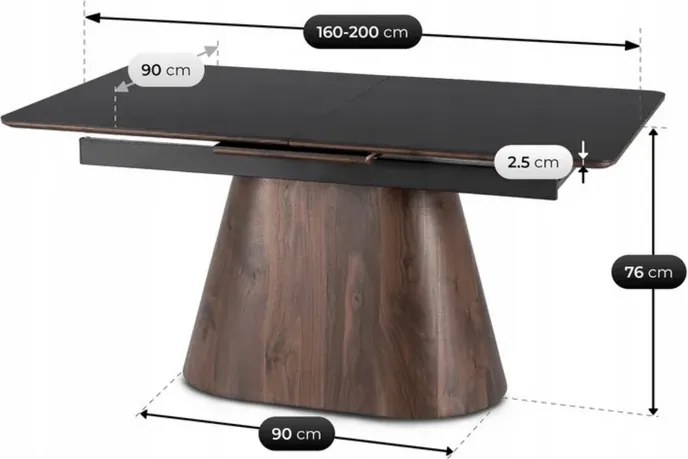 Stół Rozkładany Prostokątny LIZBONA 160-200 cm Ceramiczny Czarny/Orzech do Jadalni Loft
