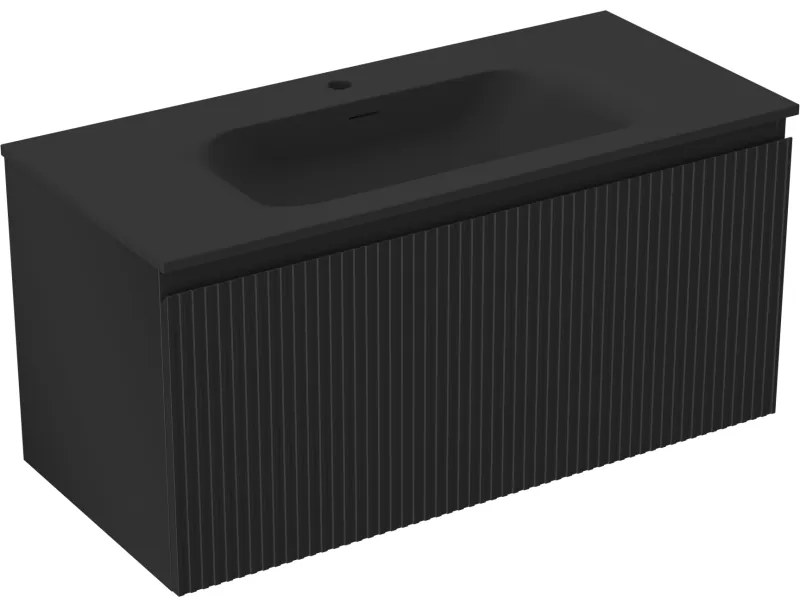 Mexen Rivel szafka łazienkowa 100 cm z umywalką Vela, 1 szuflada, ryflowana , czarna mat - 91A20-10047-1-BF71-W23M71