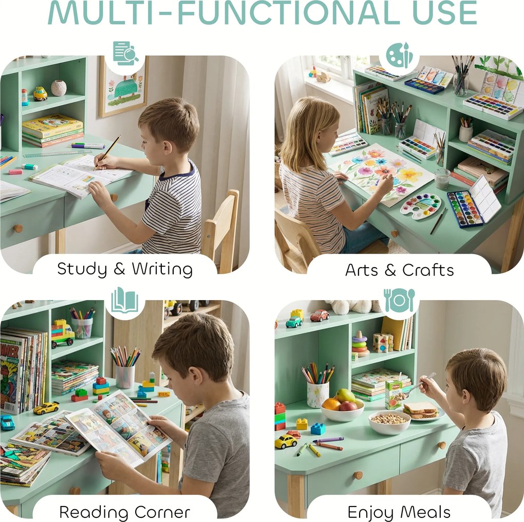 AIYAPLAY Biurko dziecięce z szufladami i półkami dla dzieci 5-12 lat 90 x 52 x 105 cm Zielony | Aosom PL