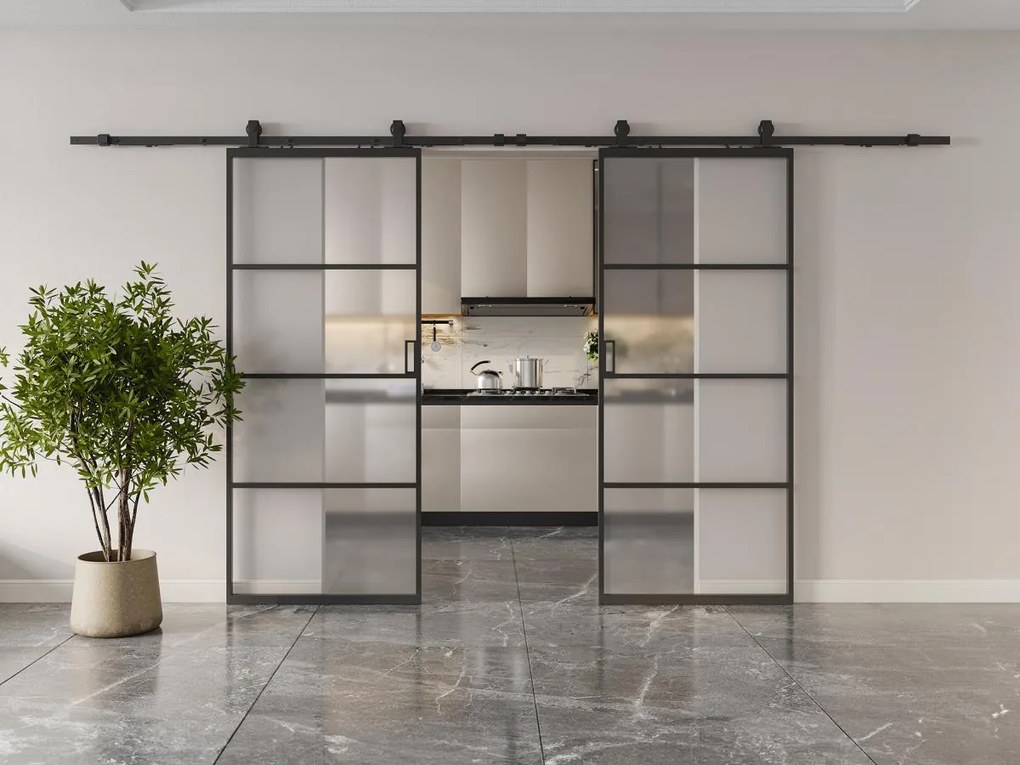 Drzwi przesuwne podwójne naścienne - aluminium i matowe szkło hartowane - 2 x wys. 205 x szer. 63 cm - SINCA II