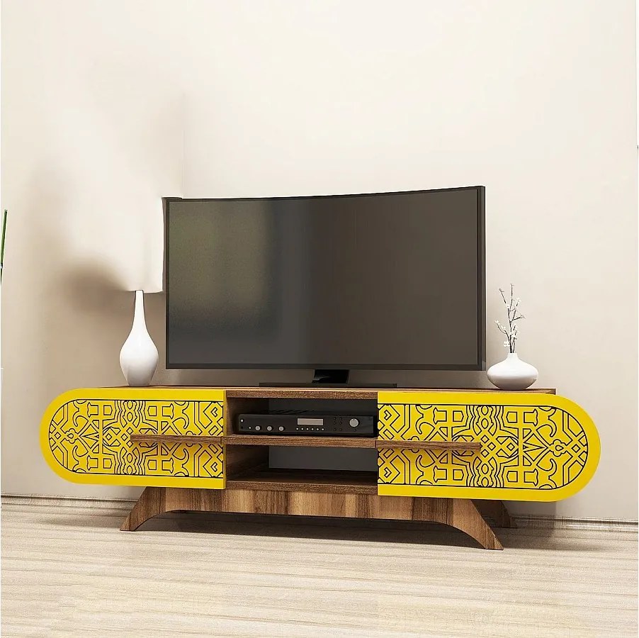 Stojak pod telewizor – 145 x 37 x 37 cm – Orzech i żółty – Płyta wiórowa pokryta melaminą