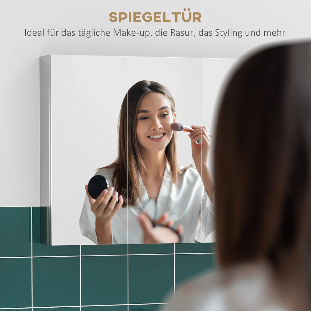 kleankin Szafka z lustrem, szafka łazienkowa, 3 drzwi lustrzane, 5 półek wewnętrznych, stal nierdzewna, Kolor: Srebrny, 70 x 12 x 55 cm