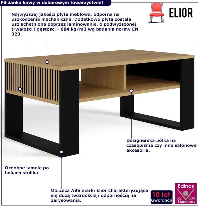 Ława Z Lamelami I Półką Dąb Artisan + Czarny T2-B31