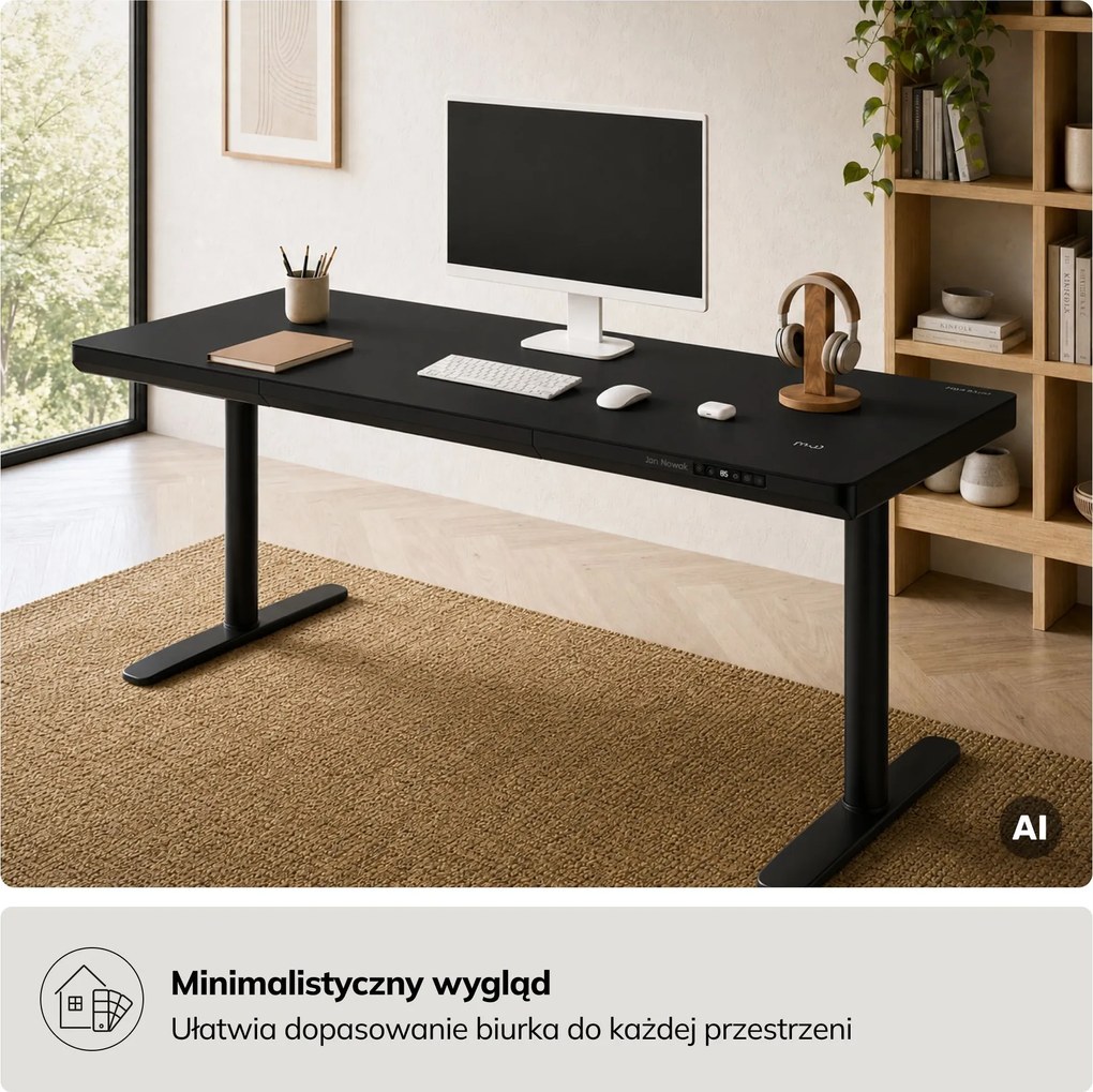 Biurko elektryczne sit-stand z szufladą i ładowarką bezprzewodową Qi czarne, 1600 mm: ELLIS