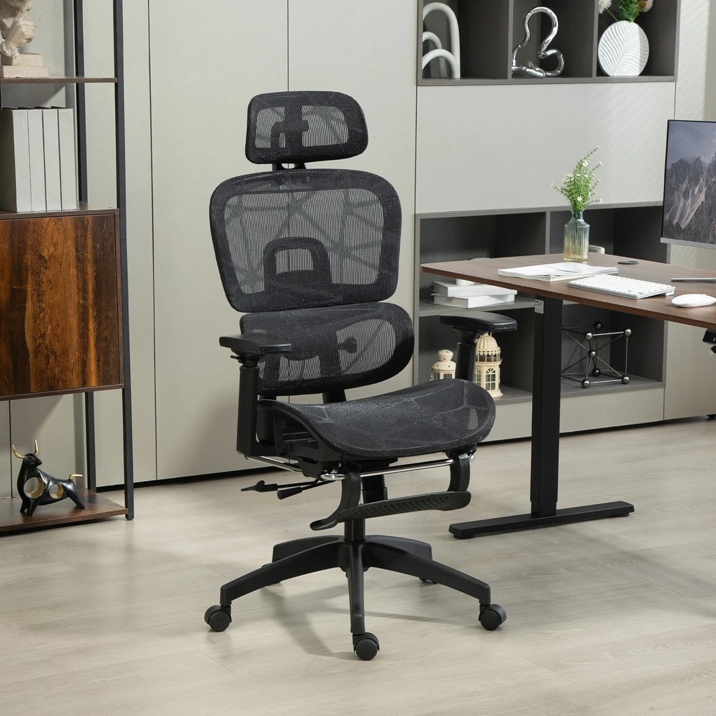 HOMCOM Fotel biurowy ergonomiczny regulowany krzesło na kółkach z siatką podłokietniki zagłówek czarny wygodny | Aosom PL