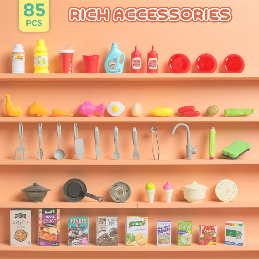 AIYAPLAY Kuchnia do zabawy z płynącą wodą, 85-częściowy zestaw akcesoriów, elektryczny kran, światła, dźwięki, dla dzieci w wieku 3–6 lat