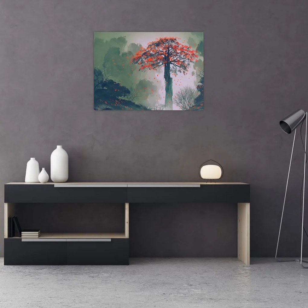 Obraz samotnego czerwonego drzewa (70x50 cm)