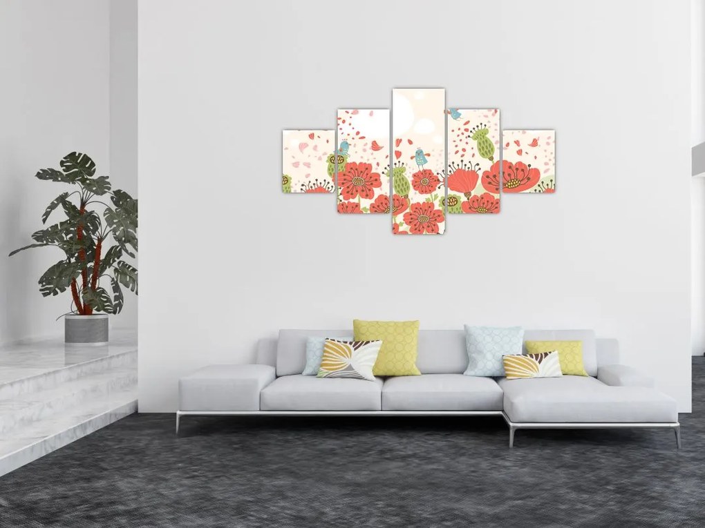 Obraz - Ptaszki na kwitnącej łące (125x70 cm)