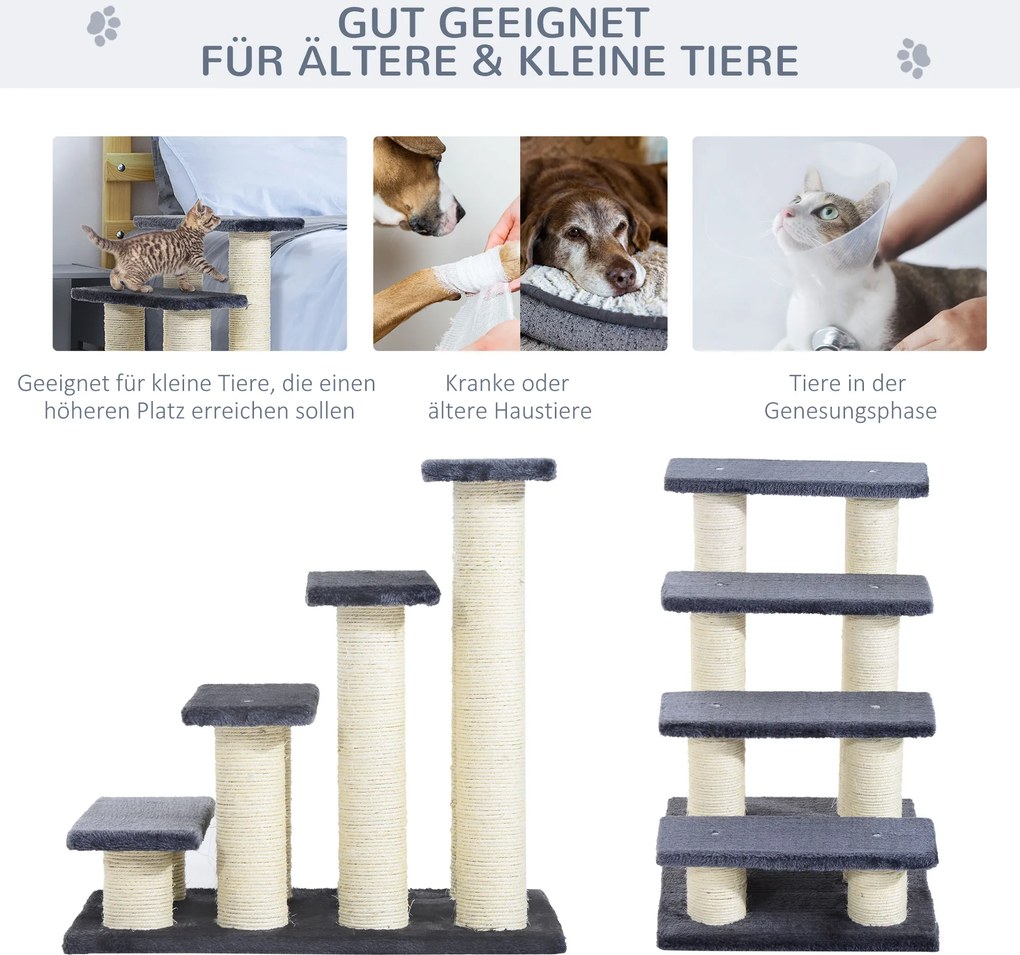 PawHut Schody dla kota lub psa 4-stopniowe z sizalu Szare schodki do wspinania | Aosom PL