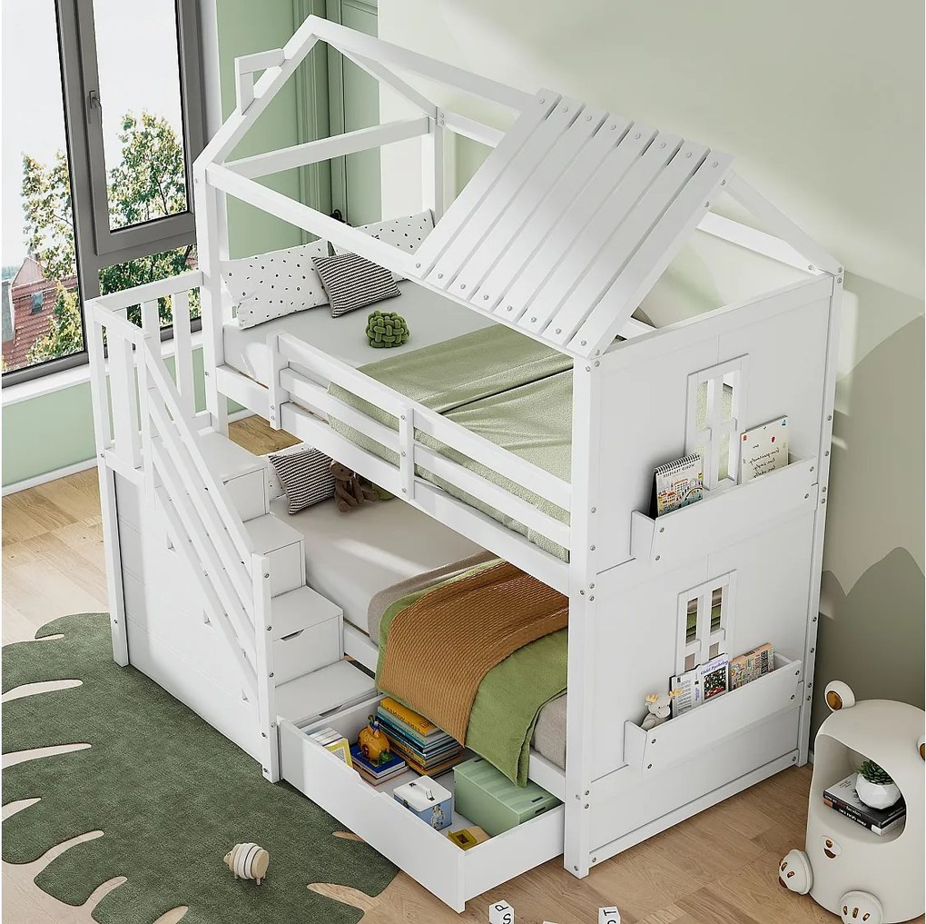 Łóżko piętrowe dla dzieci - 2 x 90 x 200 cm - z drabinką + szufladą i półkami - sosna i MDF - białe