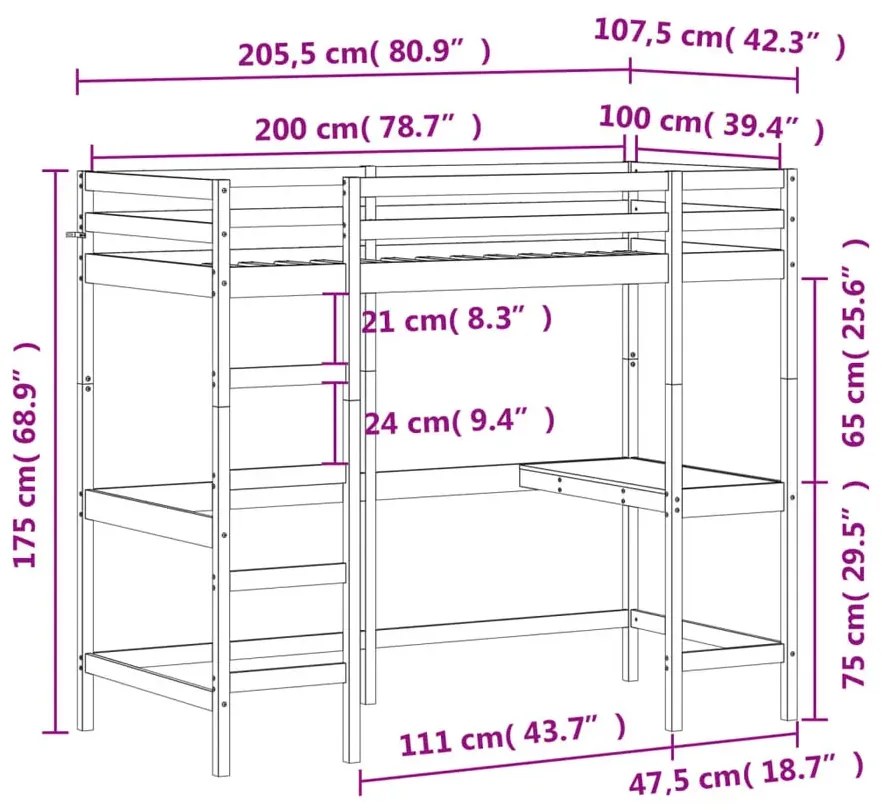 Łóżko piętrowe z biurkiem na dole lite drewno sosnowe 100x200 - Interis 7X