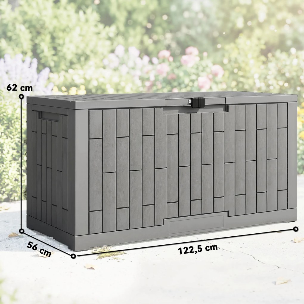 Outsunny Skrzynia Ogrodowa 379L Wodoodporna Zamykana UV Ochronna z Imitacją Drewna do Ogrodu 122,5x56x62cm Szara | Aosom PL