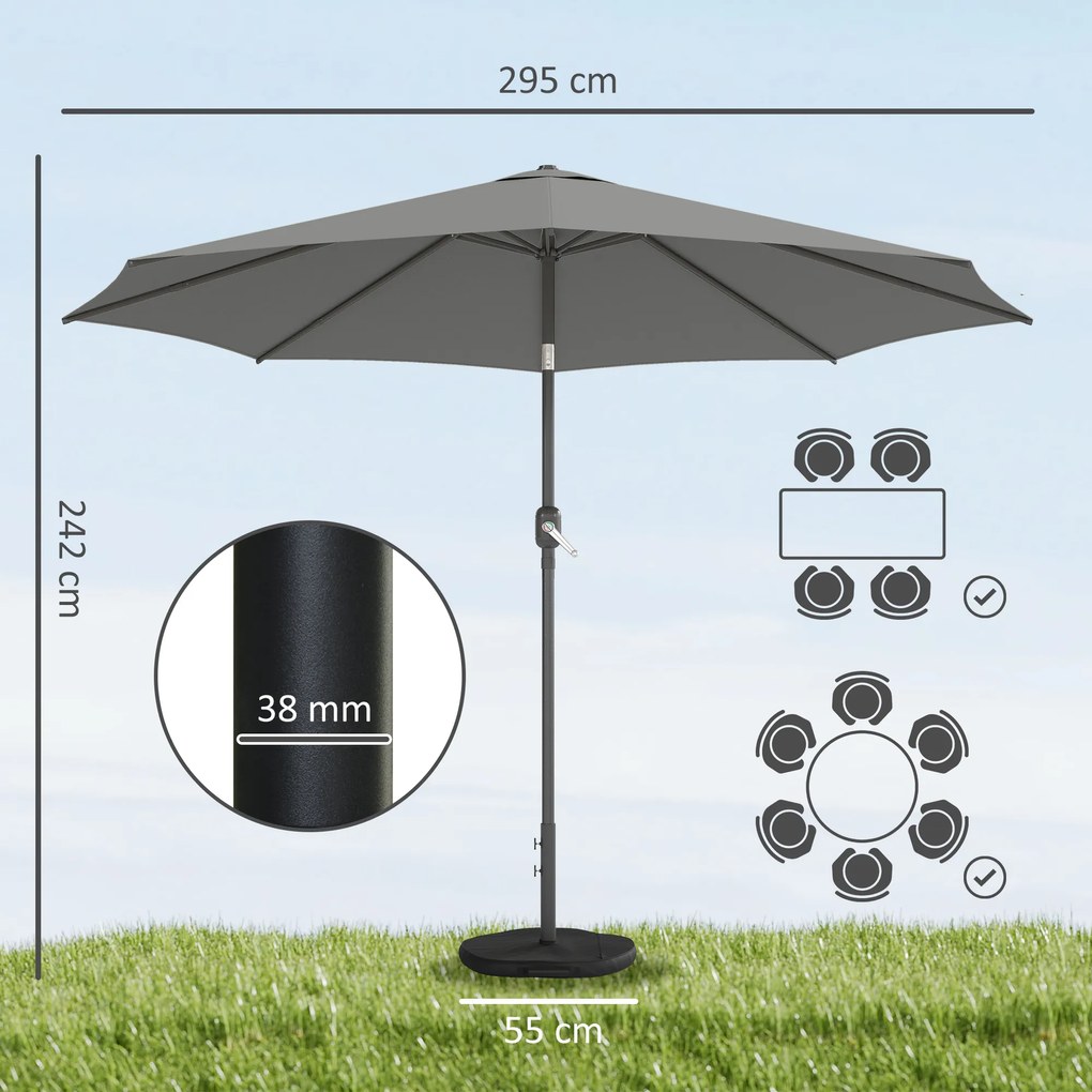 Outsunny Parasol ogrodowy Ø300 cm z korbką, podstawą krzyżową i workiem piaskowym, UV 30+, ciemnoszary | Aosom PL