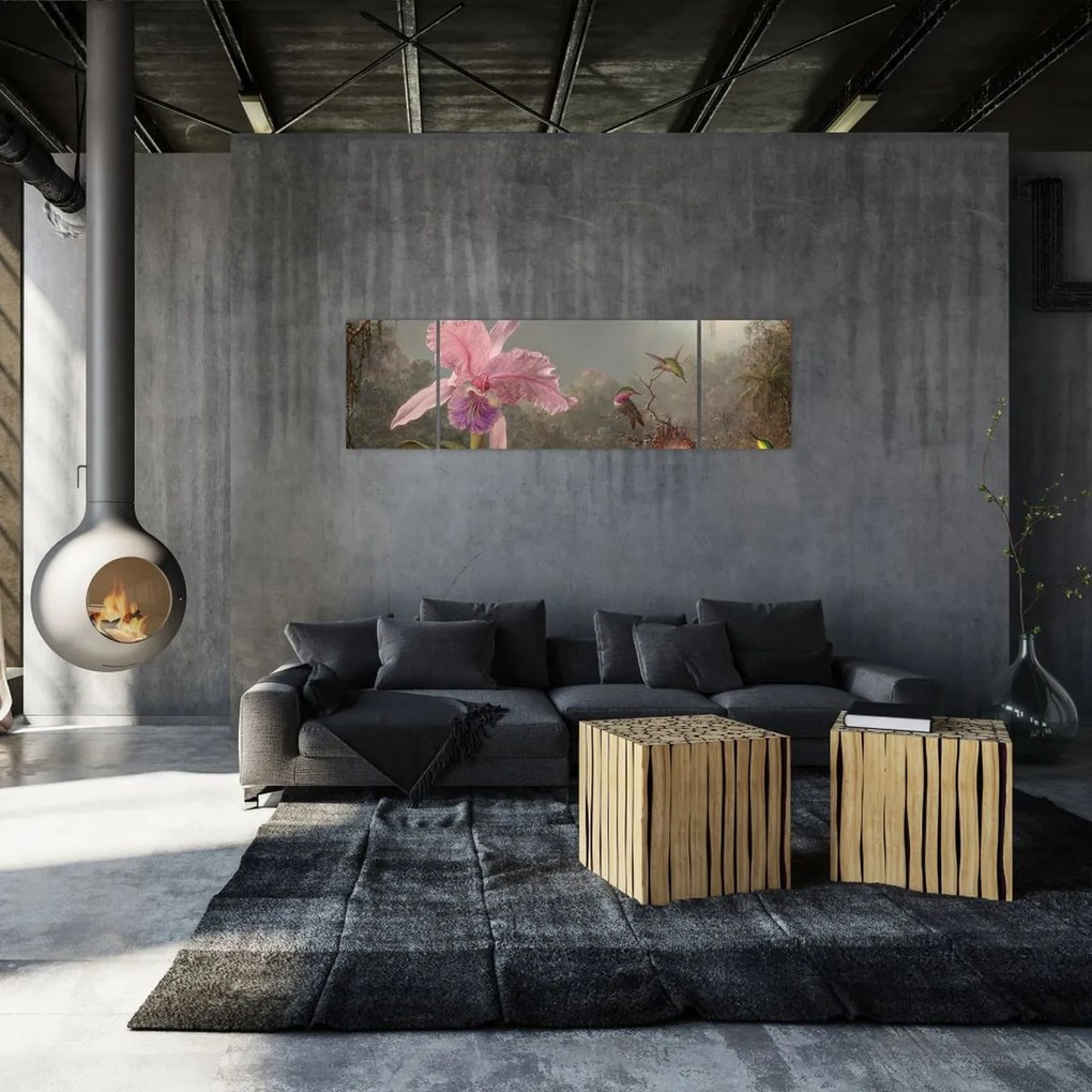 Obraz - Martin Johnson Heade, Cattleya Orchid and Three Hummingbirds, reprodukcje (170x50 cm)